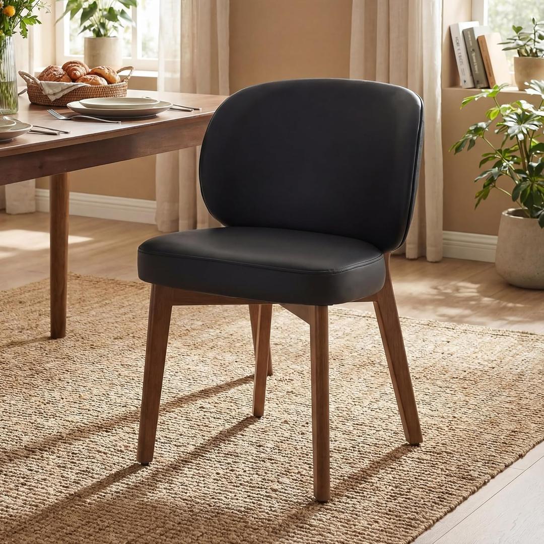 YOUNIKE Black Dining Chair with High Back Single Mid Century Modern Kitchen Chair Faux Leather Upholstered Armless Accent Chair 20" Wide Padded Seat with Soild Wooden Legs for Living Room Bedroom