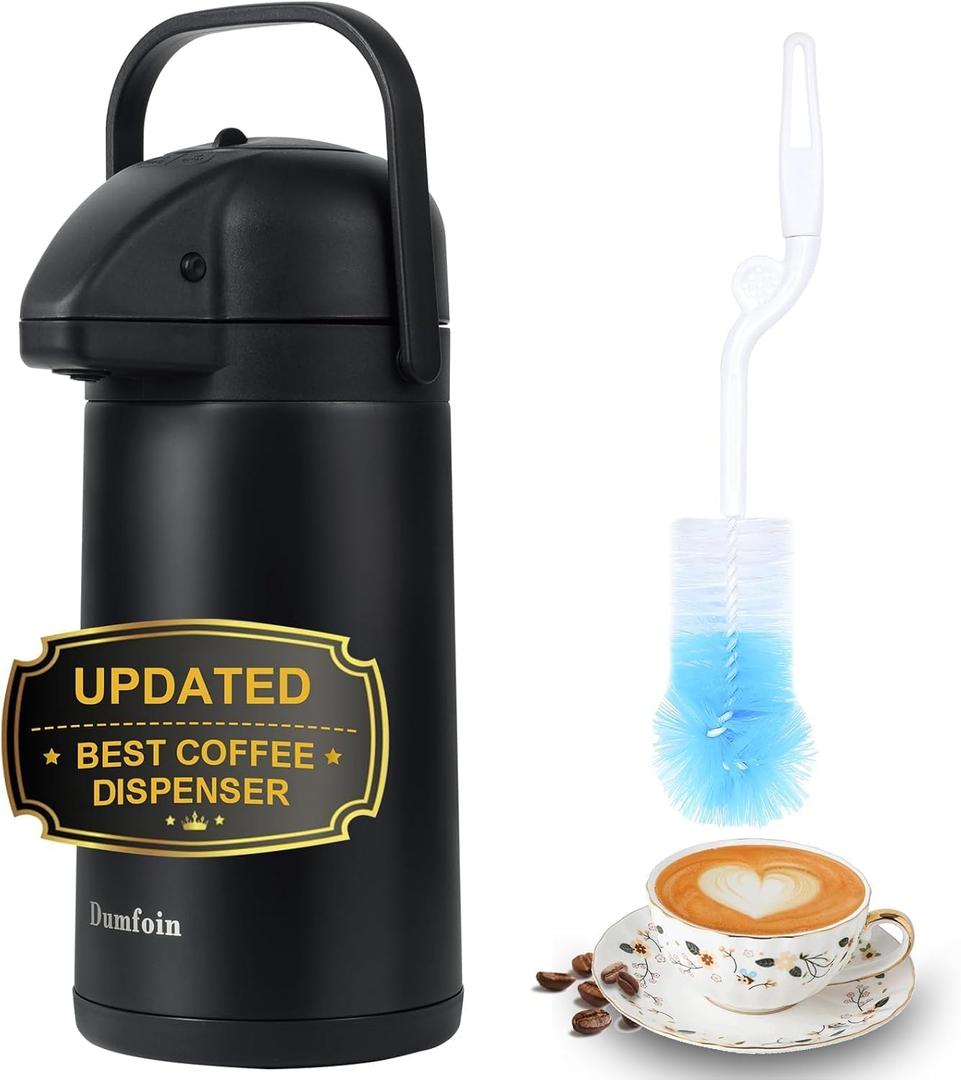 Updated Airpot Coffee Dispenser with Pump, 85 OZ Insulated Thermal Coffee Carafe for Keeping Hot - Cold Water, Party Chocolate Drinks & Stainless Steel Thermos Urn Large Thermal Hot Drink (Black)