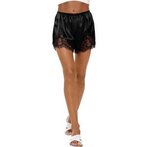 Women Satin Silk Lace Shorts, Elastic Waist Y2K Pajama Shorts Silky French Knickers Half Slip Mini Pjs Bottom (Large, Black)