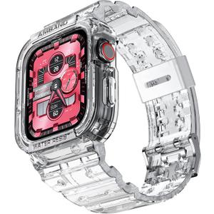 amBand Compatible for Apple Watch Band 45mm 44mm 42mm with Bumper Case, Crystal Cute Women Strap for iWatch SE/SE 2nd Series 9 8 7 6 5 4 3 2, Sport Transparent Jelly Protective Cases Protector, Clear