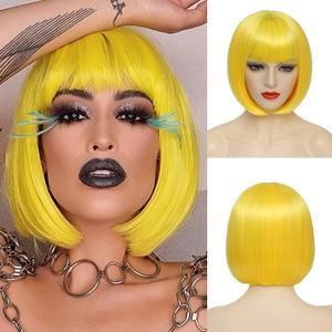 Yellow Bob Wig With Bangs - Short Yellow Wig For Women, Straight Bob Bangs, 10 Inch Natural Looking, For Daily Party Use