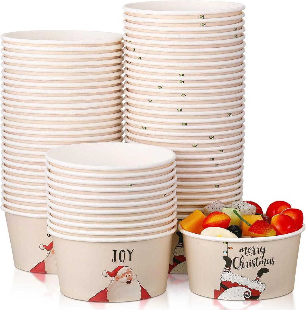 Hotop 72 Pack 16 oz Christmas Snack Cups Disposable Ice Cream Yogurt Paper Bowls Dessert Santa Candy Snowman Sundae Christmas Paper Bowls for Party Supplies (Novetly Style)