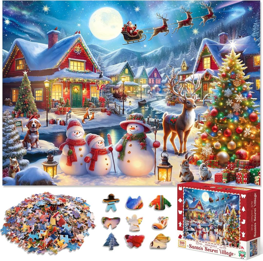 500 Piece Christmas Puzzle for Adults and Kids Santa's Secret Village Jigsaw Puzzle with Irregular Shape Christmas Puzzle Gift for Adults and Teens Family Challenging Puzzle Perfect for Game Nights