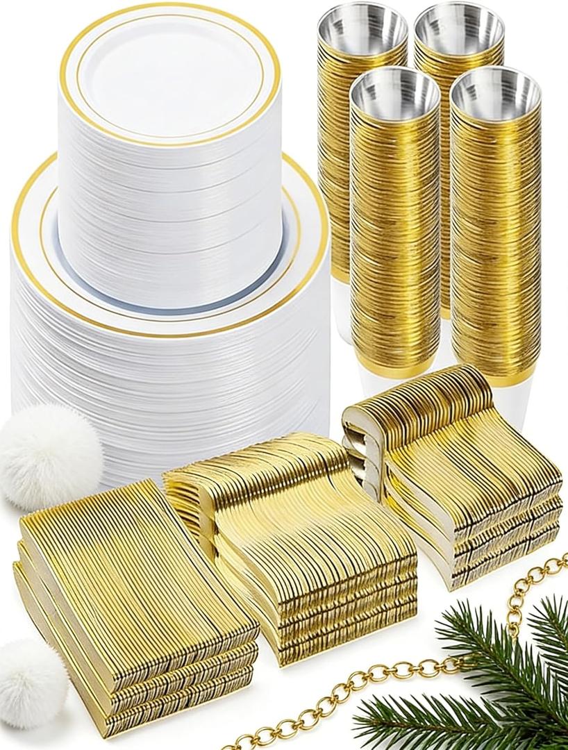 BESTVIP 600PCS Gold Dinnerware Set for 100 Guests, Plastic Plates for Party, 100 Gold Disposable Plates, 100 Dessert Plates, 100 Cups, 100 Spoons, 100 Forks and 100 Knives