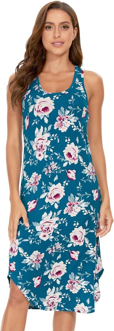 GYS Long Nightgown for Women - Viscose Made from Bamboo, Soft Sleeveless Sleep Shirt Summer Racerback Sleep Dress (Small, Teal Blue Peony)