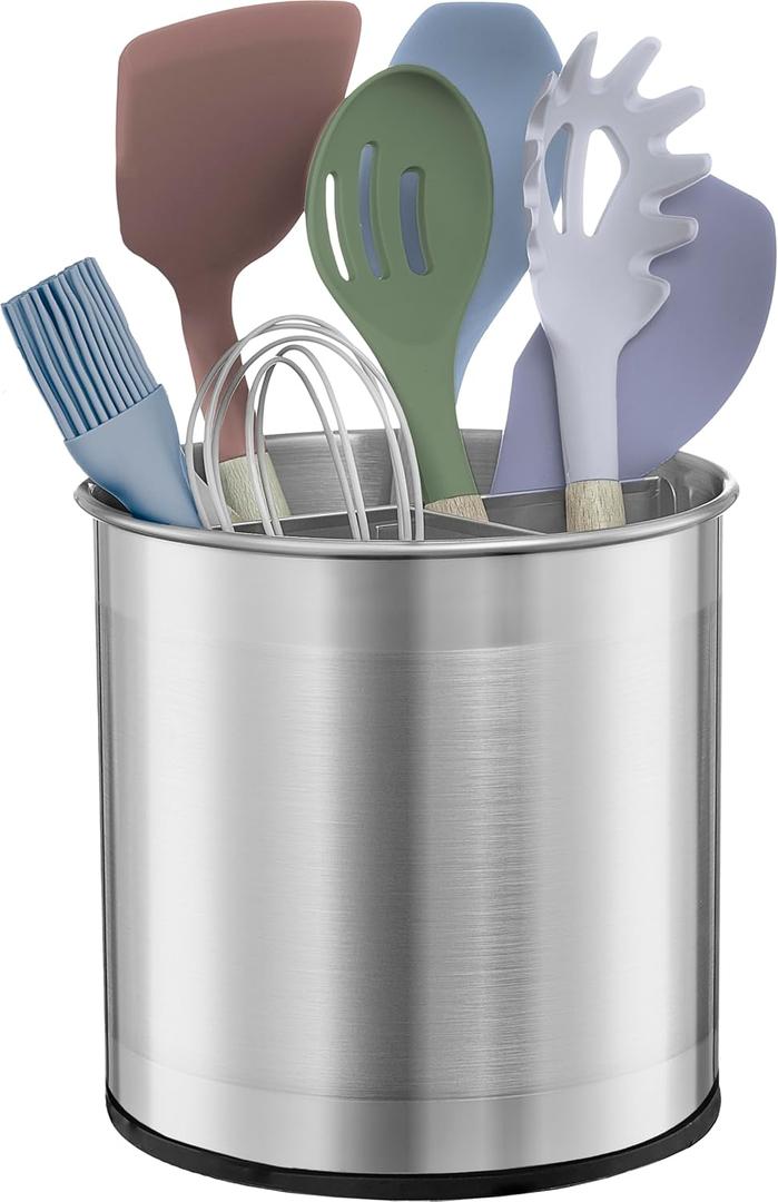 FineDine Rotating Utensil Crock with Weighted Base for Stability, Stainless Steel Utensil Caddy with Removable Divider, Brushed Stainless Steel