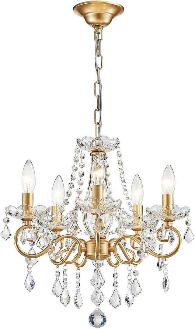 ANJIADENGSHI Mini Crystal Chandelier K9 Crystal Gold Chandelier for Living Room Bedroom Dining Room Kitchen Island Entryway 5 E12 Bulbs High 16.5 in x Diameter 16.9 in, Golden
