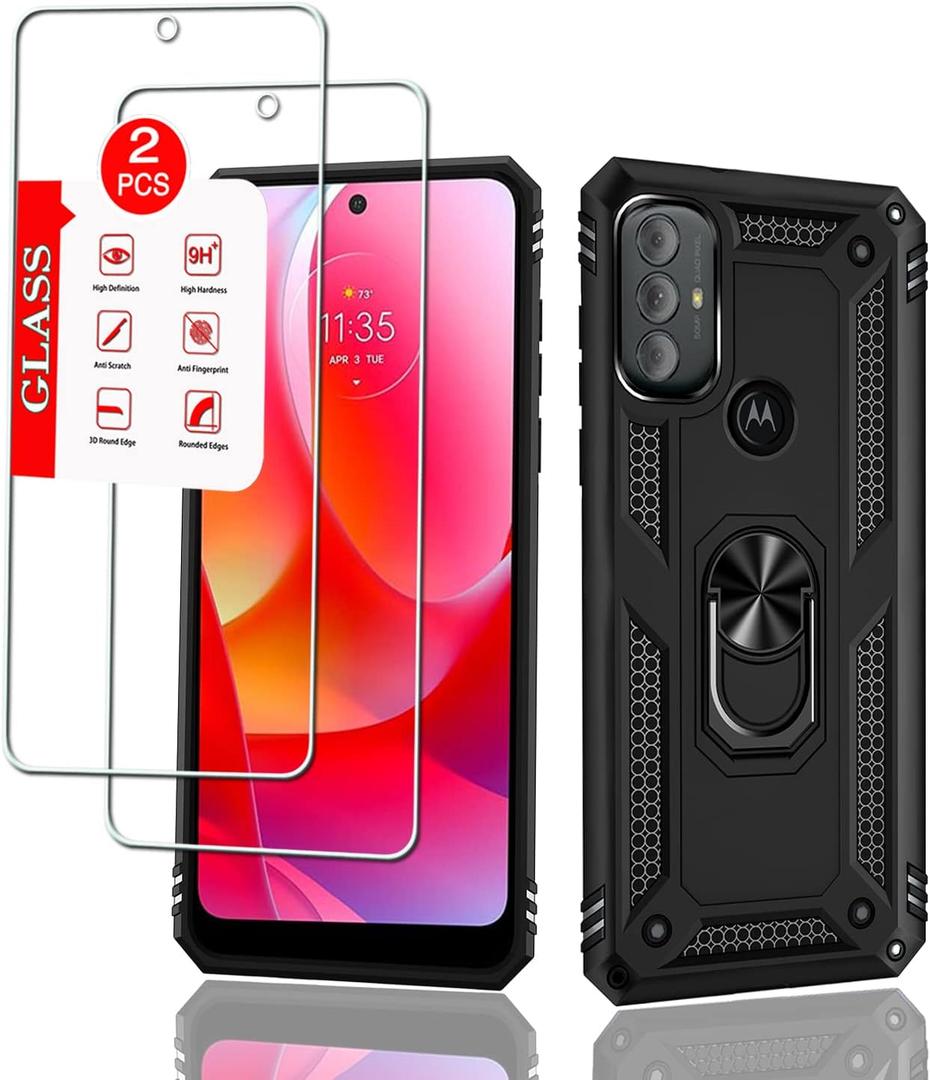 for Motorola Moto G Power (2022) Case with [2 Pack] Tempered Glass Screen Protector, for Moto G Power 2022 Case Heavy Duty Armor [Military-Grade] Protectivewith Magnetic Ring Stand Phone Cover (Black)