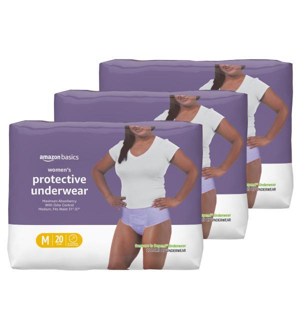 Amazon Basics Incontinence & Postpartum Underwear for Women, Maximum Absorbency, Medium, 60 Count, 3 Packs of 20