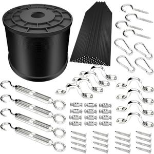 YQL Outdoor String Lights Hanging Kit,Globe String Lights Suspension Kit,164ft Black Vinyl-Coated 304 Stainless Steel Cable,String Light Guide Wire,Hook & Eye Turnbuckle Wire Rope Tension
