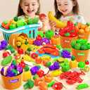 Toddler Toys Play Food Set, Learning Toy Cutting Food with Color Sorting Basket, Pretend Play Kitchen for Toddler 1-3 Preschool Learning Activities Montessori Toys for 1 2 3 Year Old Toddlers Kids