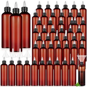 Barydat 36 Pcs Squeeze Bottle Twist Top Applicator Empty Hair Oiling Bottle with Funnels Refillable Plastic Liquid Containers for Liquid Hair Oil Shampoo Lotion (8 oz,Amber)