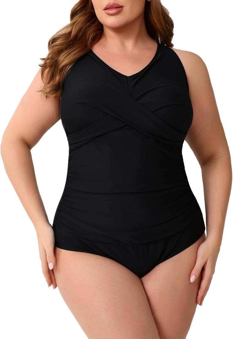 Halcurt Plus Size One Piece Swimsuit for Women Twist Front Tummy Control Full Coverage Retro Bathing Suit (1XL, All Black)