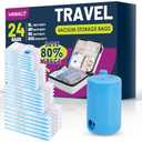 Vacuum Storage Bags for Travel, 24 Pack (6L+6M+6S+6XS) Vacuum Seal Bags with Wireless Rechargeable Electric Pump, Travel Essentials Space Saving Bag for Clothes, Luggage, Carry-on Suitcase, Backpack