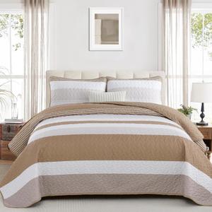 Dinjoy Taupe Boho Quilt Set Queen,Khaki Striped Bedspread Queen Size Lightweight Fall Quilts 3 Pieces Patchwork Bedding Sets Coverlet Set with 2 Pillowcases Farmhouse for Family