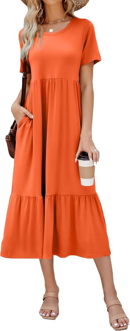 Summer Dresses for Women Flowy Maxi Sundress Short Sleeve Tiered Beach Dress with Pockets 2026 Vacation Travel (Orange, Large)