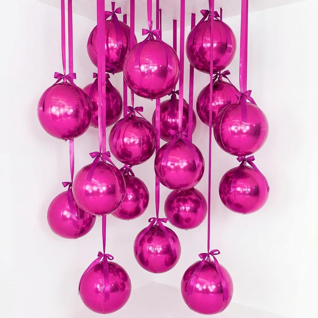 36 Pcs Large Hot Pink Round Foil Balloons, 22 Inch Giant 4d Metallic Ball Balloons with Ribbons, Pink Birthday Decorations for Wedding Bridal Baby Shower Prom Party Decorations