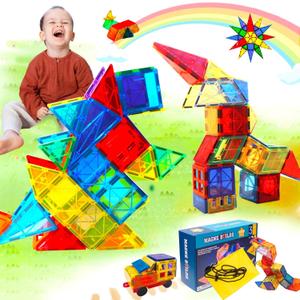HAS Happiness and Surprise 100 pcs Magnetic Tiles,Dinosaurs Magnetic Tiles Building Blocks with Storage Drawing Bag,3D Magnet Puzzles Toys for Preschool