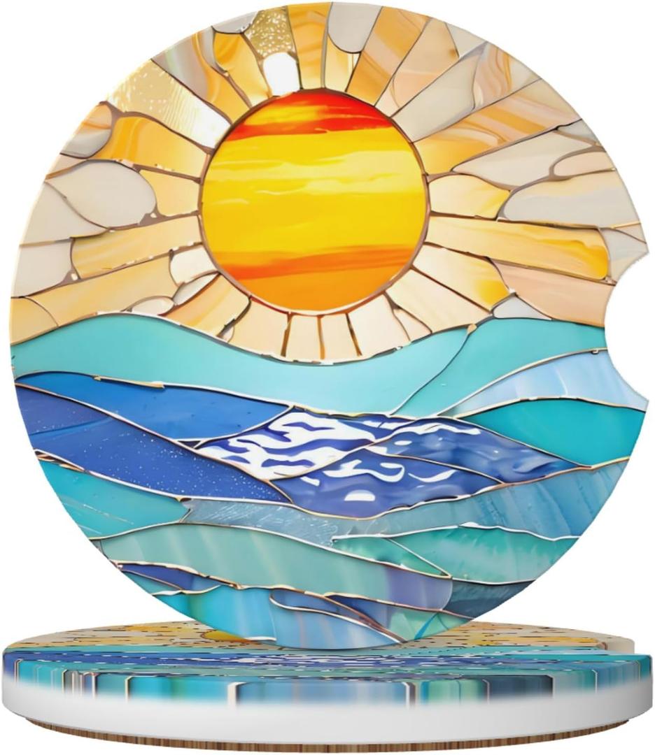 Beach Sunset Stained Glass Ocean Car Cup Holder Coasters 2 Pack Universal 2.63 Inch Anti Slip Ceramic Absorbent Coaster with Cork Base and Finger Notch Cute Car Accessories Interior for Women