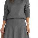 Tankaneo Womens Skirt 2 Piece Sweater Set Long Sleeve Crewneck Sweaters Pleated Mini Skirt Knit Lounge Sets, L