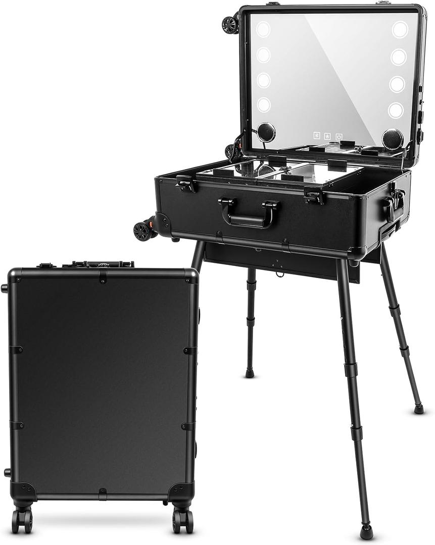 Aluminum Trolley Makeup Train Case with Led Light Rolling Makeup Case with Legs Suitcase Vanity with Lights with Stand Mirror Makeup Vanity Station (24 in, Black)