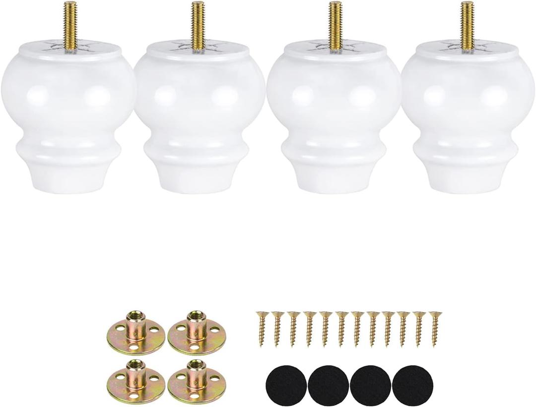 3 Inch White Wood Furniture Feet Set of 4 Ottoman Couch Sofa Bun Feet Replacement Furniture Legs Screw in Pre-drilled M8 Bolt