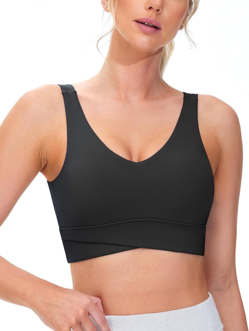 THE GYM PEOPLE Women's Padded Sports Bra V-Neck Wireless Stretchy Workout Crop Tops with Cross Hem Soft Yoga Bras, S Black
