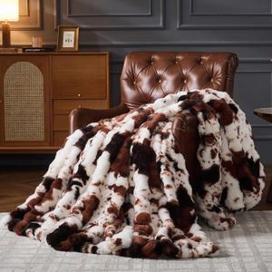 RYNGHIPY Faux Fur Blanket for Couch Cozy Fluffy Plush Bubble Bed Blanket Thick and Warm Throw Blanket for Sofa Bedroom Living Room Cow Print Blankets (Cow-Brown, 51''x63'')