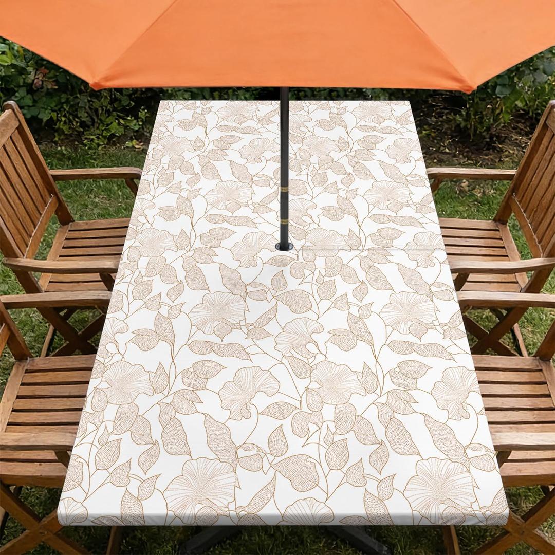 Rectangle Outdoor Tablecloth with Umbrella Hole and Zipper Waterproof Rectangle Fitted Tablecloth with Elastic Edge, Wipeable Outdoor Table Cover for Patio, Garden, Picnic 96" x 30"