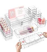VDTEB Acrylic Expandable Desk Drawer Organizer with 11 Adjustable Compartments and  Removable Dividers Desk Accessories for Office Kitchen Bathroom Makeup and Utensil Junk Storage (Clear, 3Pcs)
