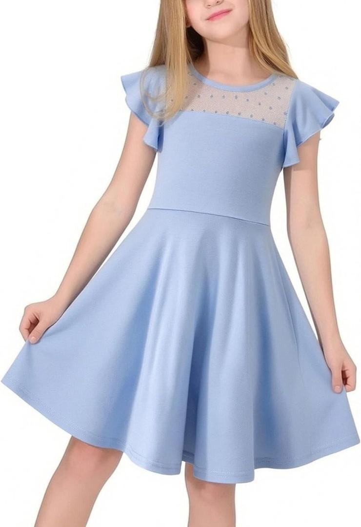Little Bitty Girls Long Sleeve A-Line Tulle Princess Dress, Midi Length Casual Party Ribbed Knit Top Tulle Skirt (Light Blue, 7T)