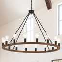 Wood Wagon Wheel Chandelier Farmhouse 16-Light 43.3 Brown, Black Metal Pendant Chandeliers Wooden Vintage Rustic Light Fixtures Industrial for High Ceiling Living Dining Room Foyer Villa