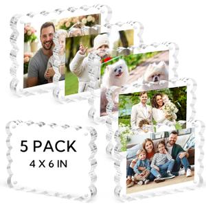 5 Pack Acrylic Picture Frame Horizontal Magnet Double Sided 4X6 Magnetic Scalloped Photo Frames 10+10MM Thick Clear Frameless Desktop Display