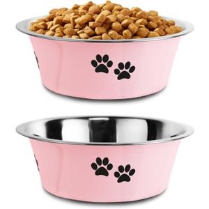 Stainless Steel Dog Bowls, Nonslip Rubber Bottom No Spill Proof Skid Metal Insulated Dog Bowls for Large Medium Small Breed Dogs (Pink, 6.6 Cups/53 OZ)