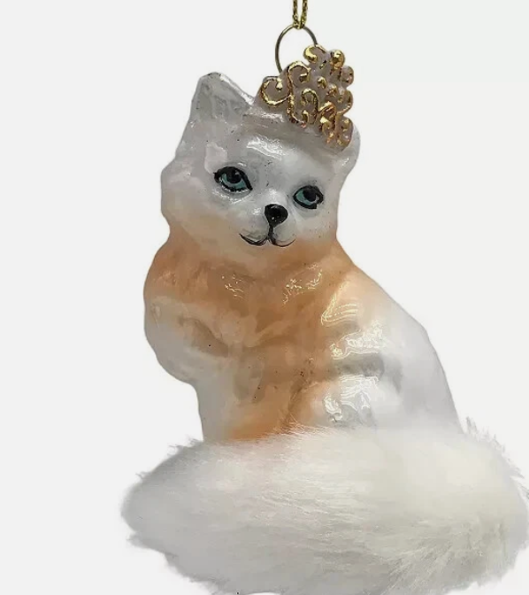 St Nicholas Square White Royal Queen Kitty Cat Glass Christmas Ornament NEW