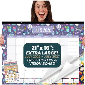 bloom daily planners Desk Calendar 2026-2027 - Academic Year Large Wall Calendar (July 2026 - July 2027) - 21 x 16 Desktop & Hanging Monthly Planner with Stickers for Home or Office - Holiday Icons