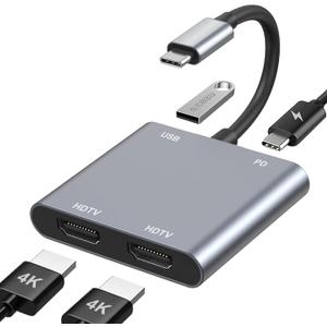 USB C to Dual HDMI Adapter, 4K@60Hz HDMI Splitter for Dual Monitors with USB 3.0, 100W PD Charging, HDMI Splitter Extended Display for for MacBook Air/Pro, Dell XPS, HP, Surface, Chromebook
