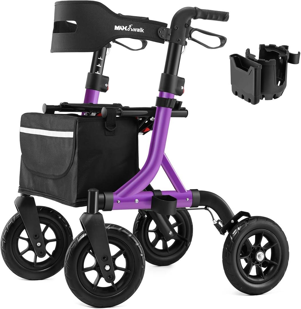 Rollator Walker for Seniors, Foldable All Terrain Rolling Walker with seat, Aluminum Walkers with 10 inch Rubber Wheels, Built-in Cable, Cup Holder, Adjustable Handles and Backrest for Seniors, Purple