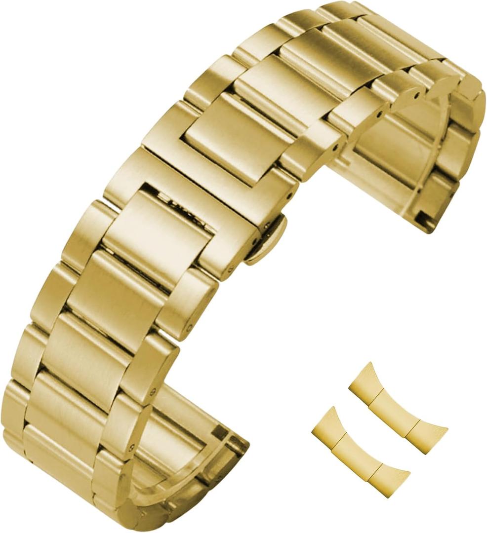 Stainless Steel Watch Band Curved End 14mm 15mm 16mm 17mm 18mm19mm 20mm 21mm 22mm 23mm 24mm Watch Bracelet Polished Brushed Metal Watch Strap Replacement Band Men Women (Gold)