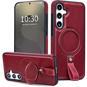 Butaiga for Samsung Galaxy S23 Leather Case with Stand, AntiSlip Grip Ring, Fits for MagSafe (Burgundy, S236.1inch)