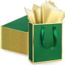 Yeaqee 24 Pack Metallic Paper Gift Bags with Handle and Tissue 9x7x3.1 Gold Foil Welcome Favor Bags Return Gifts for Wedding Fall 5 Senses Valentine Bridesmaid Birthday(Green Gold)