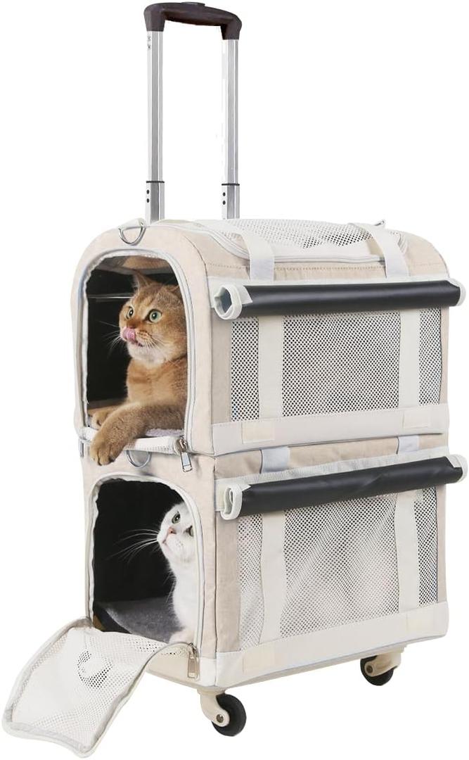 Extra Large Double Pet Carrier with 2 Detachable Carrier Bags, Cat Carrier Soft with Wheels for 2 Extra Large Cats or Small Dogs, Portable Cat Rolling Carrier for Car Travel Bus Subway, Brown