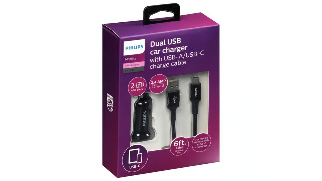 Phillips Dual USB Car Charger With USB A/USB C Charge Cable