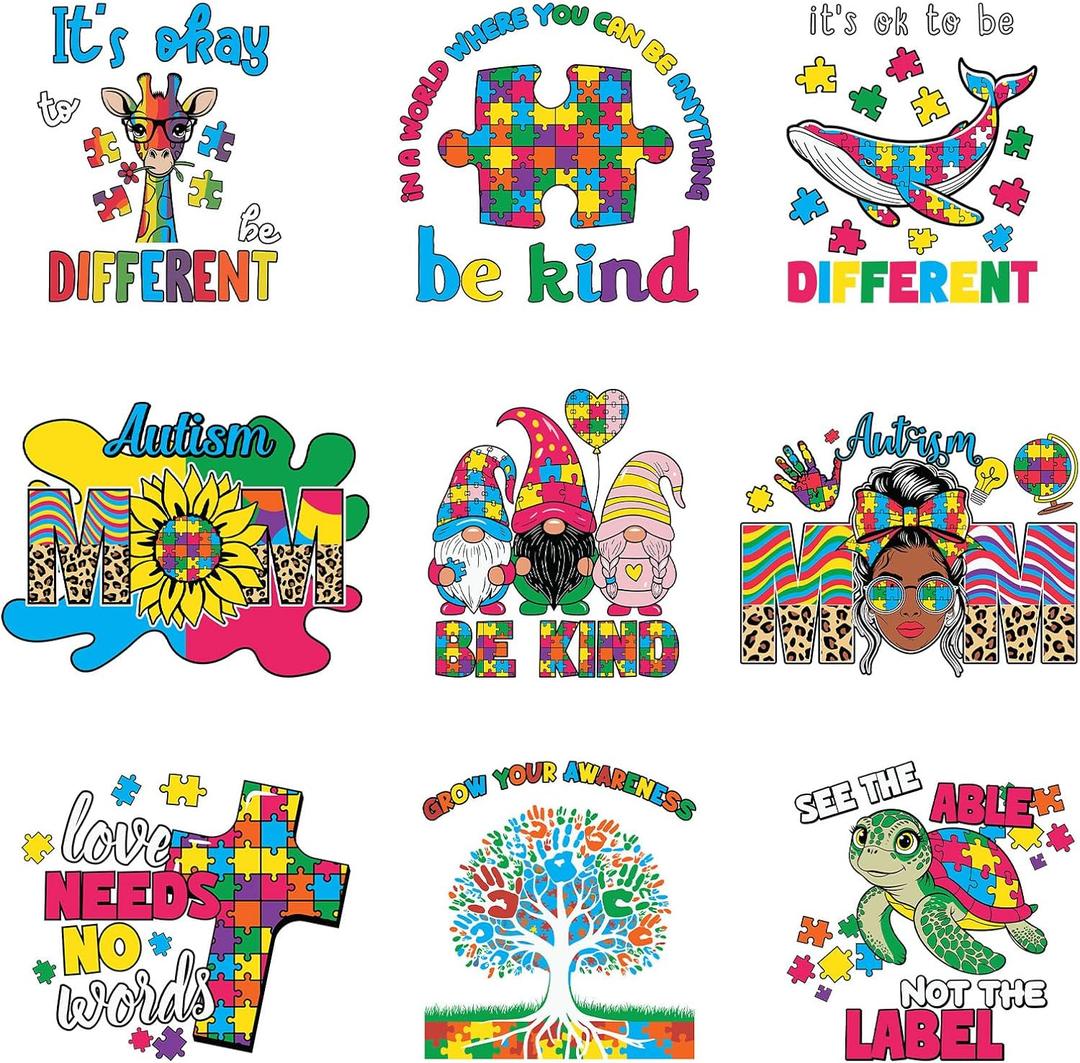 2 x 9Pcs Autism Mama Mom Iron on Decals for T-Shirt DIY Washable Heat Transfer Vinyl Stickers for Clothing Jeans Pillow Covers Applique