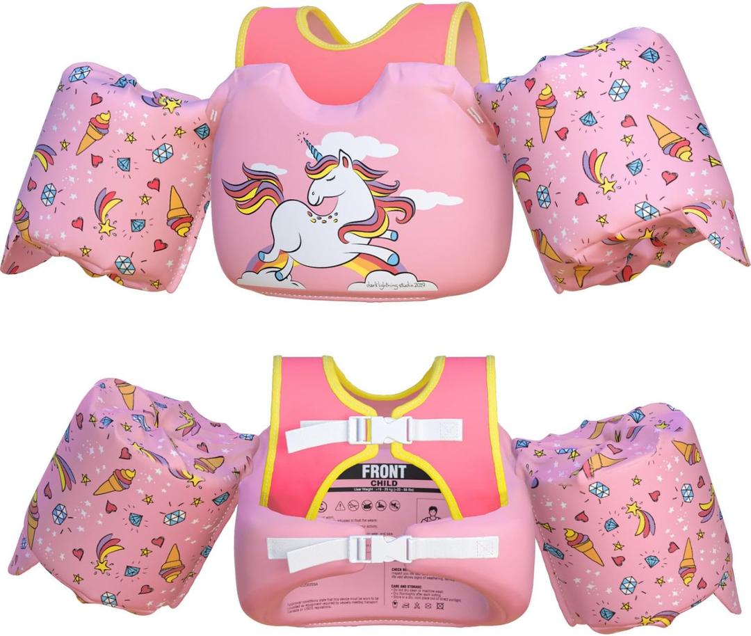 Dark Lightning USCG Coast Guard Approved Toddler Swim Vest for Age 2/3/4/5/6/7 Years Old, Kids Life Jackets with Arm Floaties 30-50 Pounds, Baby Water Wings in Sea/Pool/Puddle (Unicorn Pink)