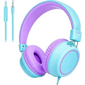 Olyre Kids Headphones, Toddler Headphones with Cord for School Plane Travel, Lightweight Stereo Wired Children Earphones with HD Microphone for Boys Girls for PC Cellphone Tablet(Icy Mint Blue/Purple)