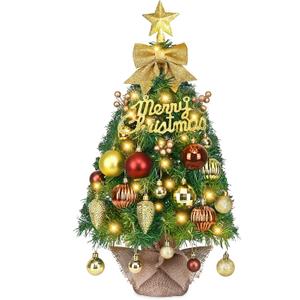 Dolicer 2FT Mini Christmas Tree with Lights, Artificial Small Christmas Tree Tabletop Xmas Tree with Lights Gold Hanging Ornaments for Small Space
