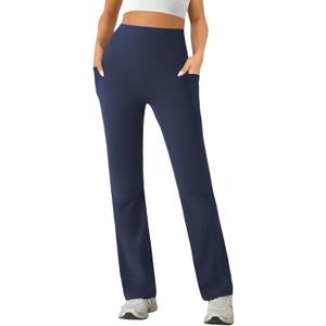 Womens High Waist Yoga Pants Stretchy Casual Trousers Straight Leg Pull On Side Pockets, Size: M