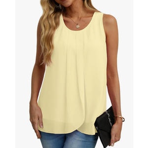 Quezhu Womens Summer Tank Tops Sleeveless Chiffon Double Layers Blouse Loose Round Neck Casual Shirts, Small 