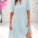 BTFBM Womens Boho Summer Dresses 2026 Spring V Neck Short Sleeve Hollow Out Lace Ruffle Casual Beach Mini Vacation Dress (M)